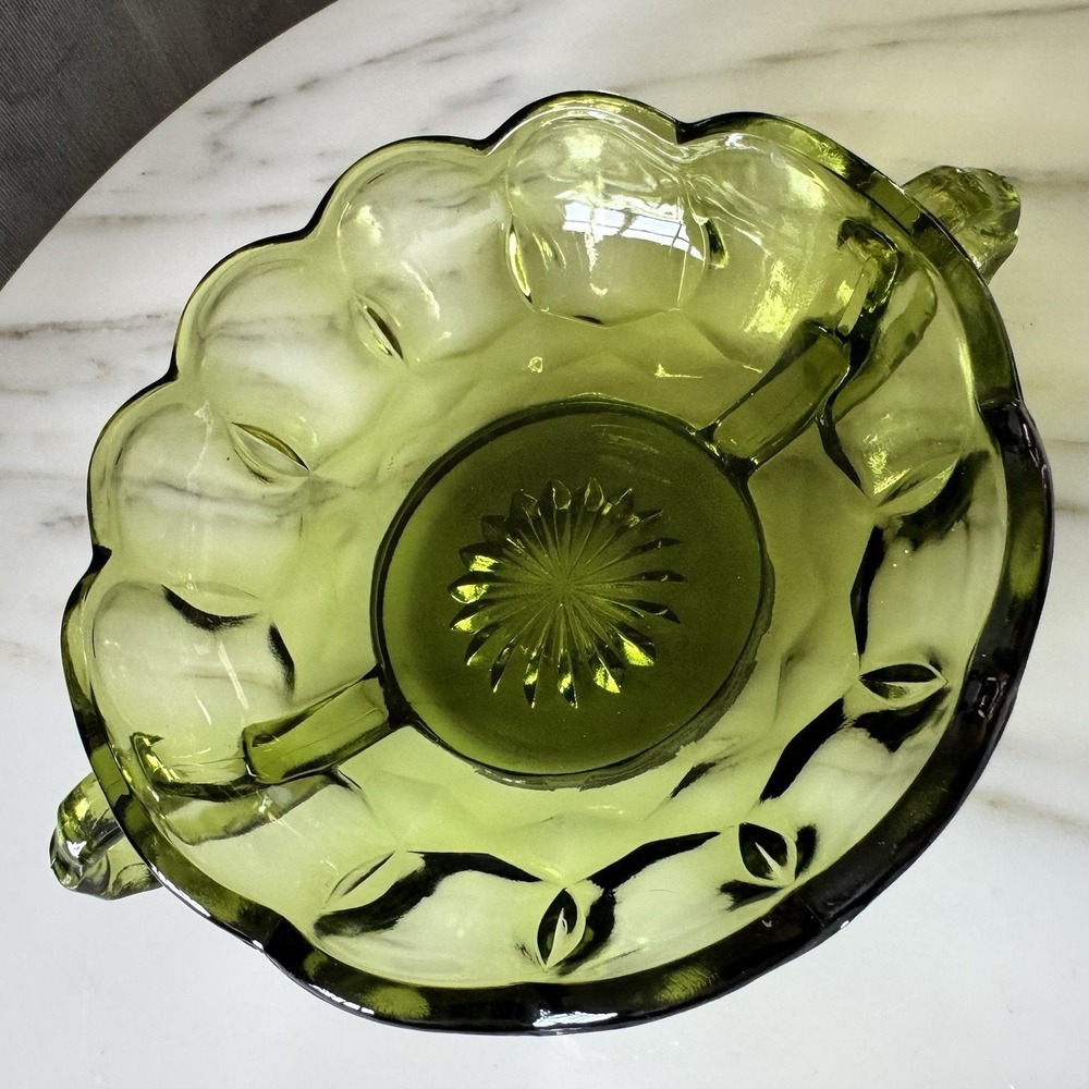 Vintage Fostoria Coin Glass Olive Green Nappy Dish With Handle